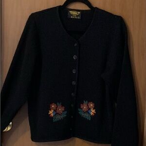 Norway Black Wool Cardigan with Floral Embroidery